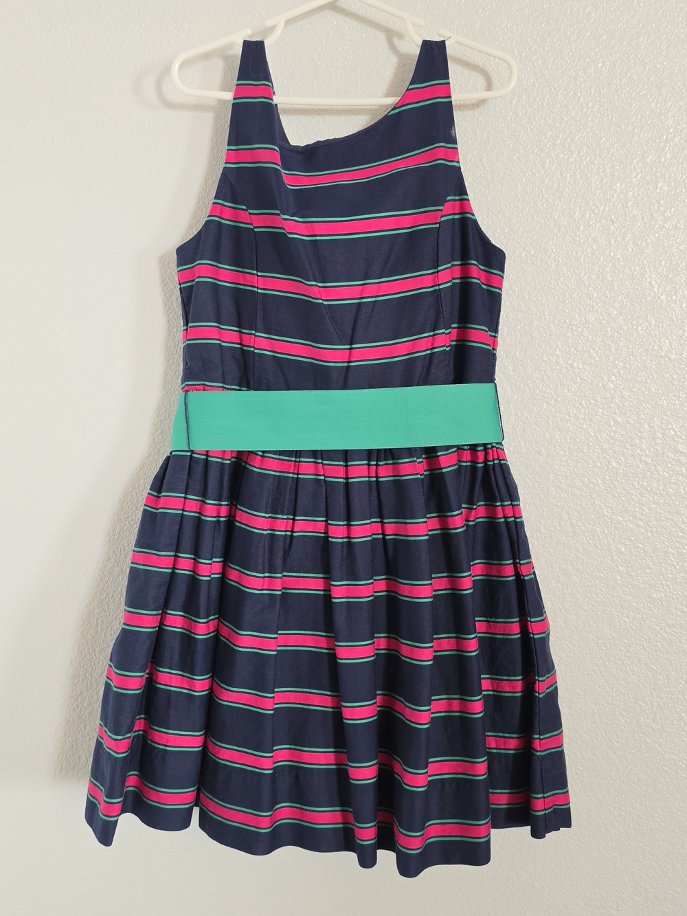 Ralph Lauren Navy Dress with Pink Stripes and Green Waistband